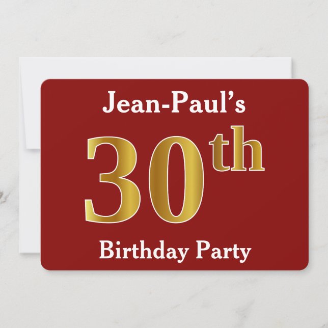 Invitation Red, Faux Gold 30th Birthday Party + Nom personnal (Devant)