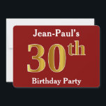 Invitation Red, Faux Gold 30th Birthday Party   Nom personnal<br><div class="desc">Cette conception d'invitation comporte le numéro ordinal "30ème" avec un aspect faux or. Il comporte également un nom personnalisé et un arrière - plan rouge. Les détails de l'événement sur le dos peuvent être customisés. Il pourrait être utilisé pour les invitations à la fête du trentième anniversaire de quelqu’un. [~Z0000012]...</div>