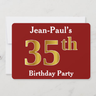 Invitation Red, Faux Gold 35th Birthday Party + Nom personnal