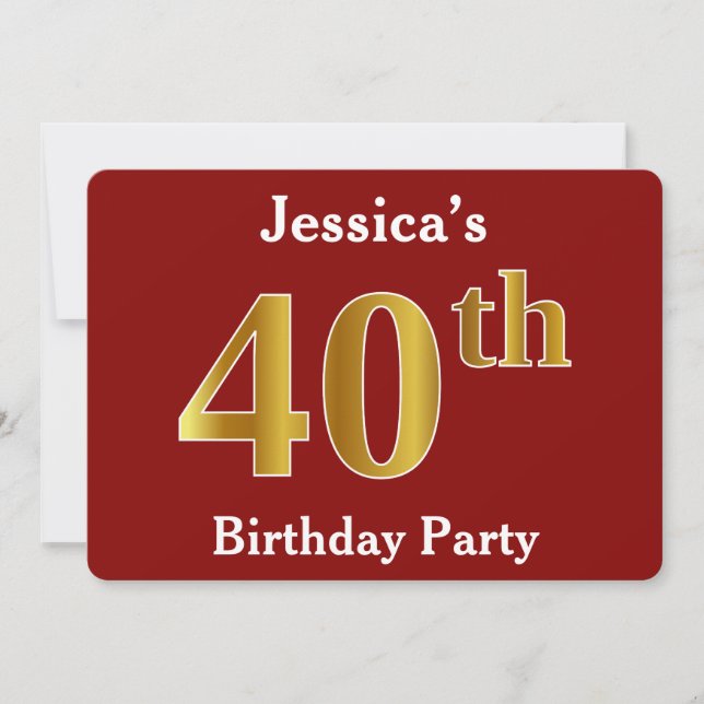 Invitation Red, Faux Gold 40th Birthday Party + Nom personnal (Devant)