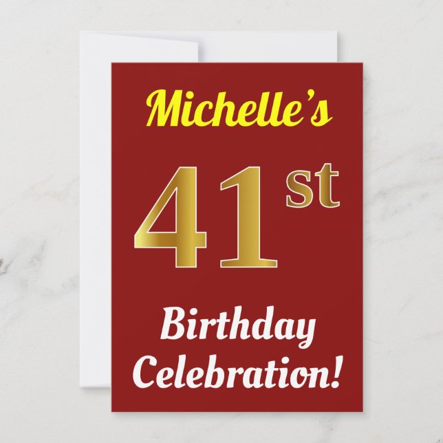 Invitation Red, Faux Gold 41st Birthday Celebration + Name (Devant)