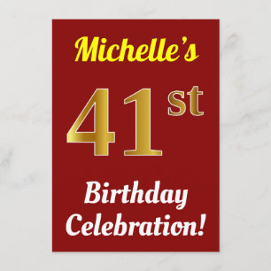 Invitation Red, Faux Gold 41st Birthday Celebration + Name