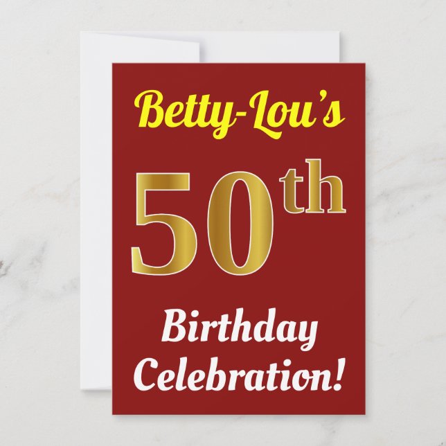 Invitation Red, Faux Gold 50th Birthday Celebration + Nom (Devant)
