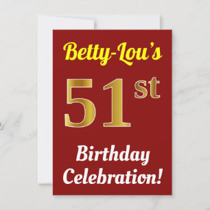Invitation Red, Faux Gold 51st Birthday Celebration + Name