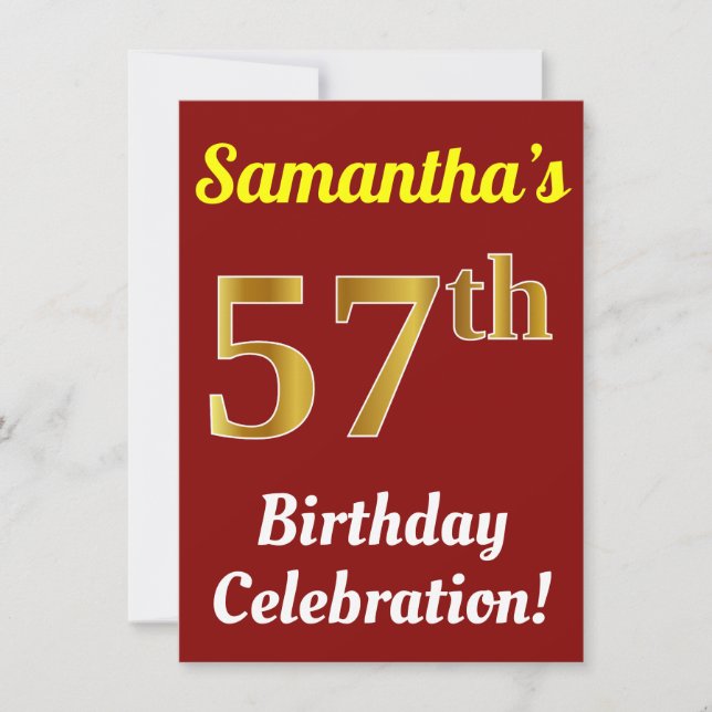 Invitation Red, Faux Gold 57th Birthday Celebration + Nom (Devant)