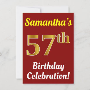 Invitation Red, Faux Gold 57th Birthday Celebration + Nom