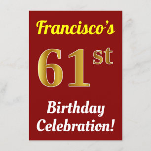 Invitation Red, Faux Gold 61st Birthday Celebration + Name