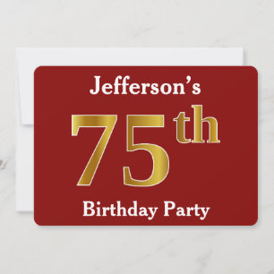 Invitation Red, Faux Gold 75th Birthday Party + Nom personnal