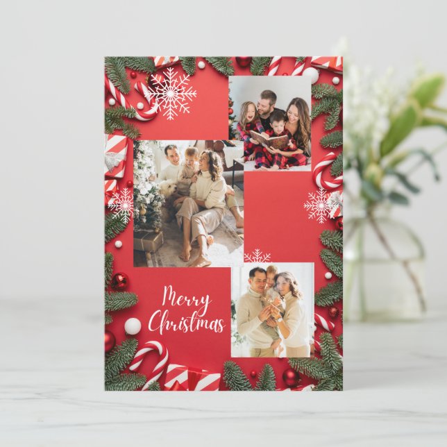 Invitation Red Festive Joyeux Noël Holiday Photo Collage (Debout devant)