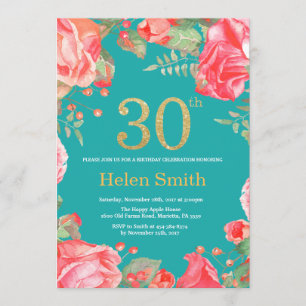 Invitation Red Floral 30th Birthday Gold Parties scintillant 