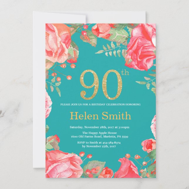 Invitation Red Floral 90e anniversaire Parties scintillant or (Devant)
