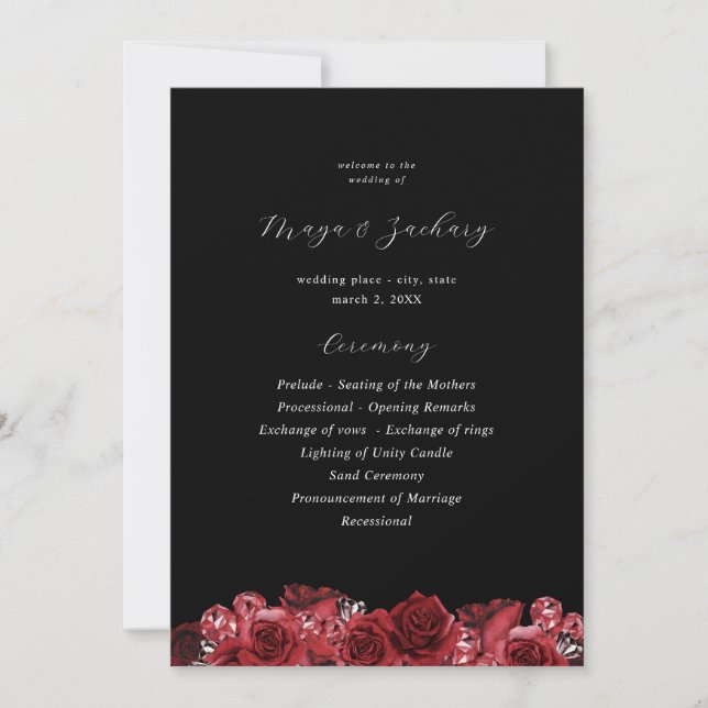 Invitation Red Floral & Black Mariage Ceremony Program - Noir (Devant)