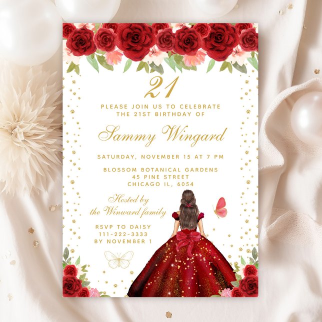 Invitation Red Floral Brunette Hair Princess Anniversaire (Créateur téléchargé)
