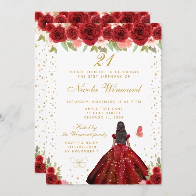 Invitation Red Floral Dark Skin Princess Birthday Party (Devant / Derrière)