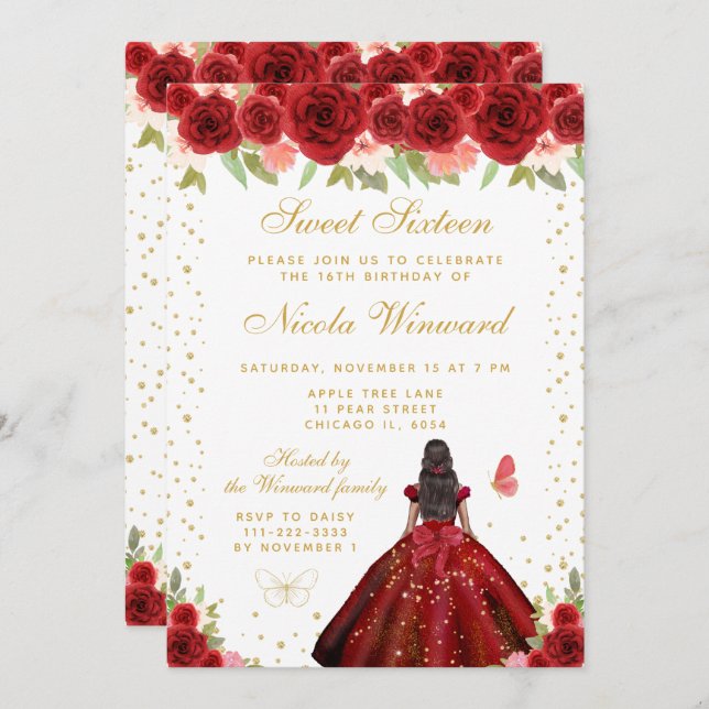 Invitation Red Floral Dark Skin Princess Sweet Sixteen (Devant / Derrière)