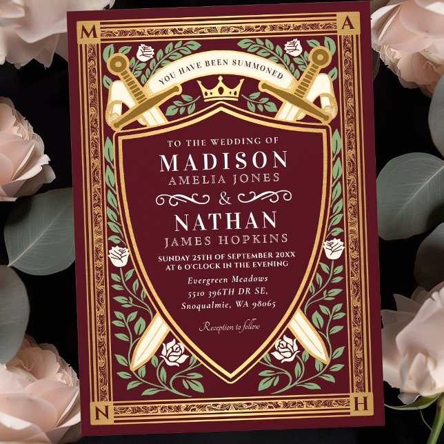 Invitation Red Floral Fantasy Swords Shield Monogram Wedding (Créateur téléchargé)