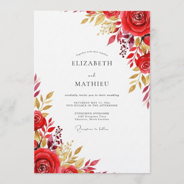 Invitation Red Floral Flourish Wedding (Devant)