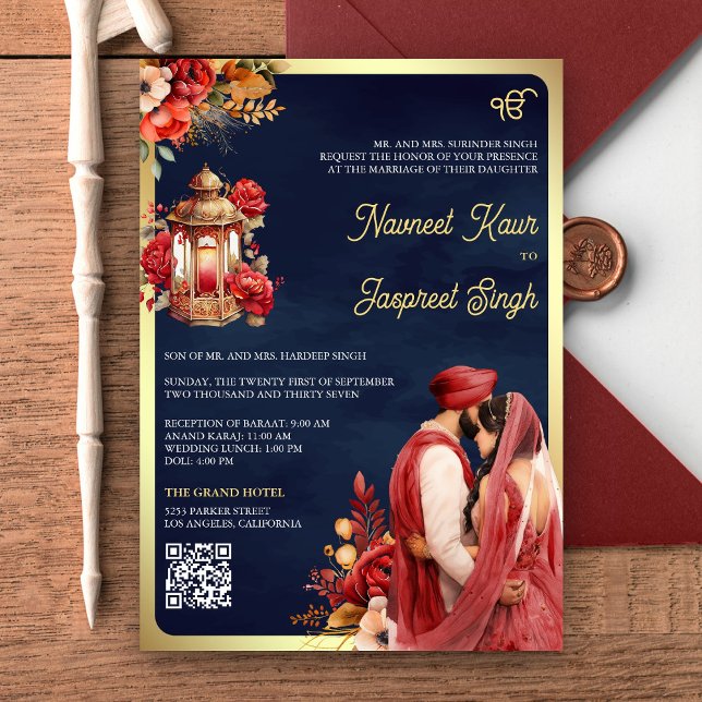 Invitation Red Floral Navy QR Code Anand Karaj Sikh Mariage (Créateur téléchargé)