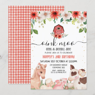 Invitation Red Floral Plaid Farm Animaux Anniversaire Invitat