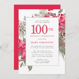 Invitation Red Floral Poinsettia 100e anniversaire de fête In