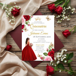 Invitation Red Floral Quinceanera