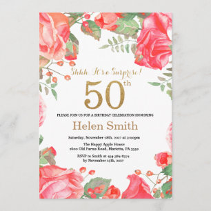 Invitation Red Floral Surprise 50e anniversaire Parties scint