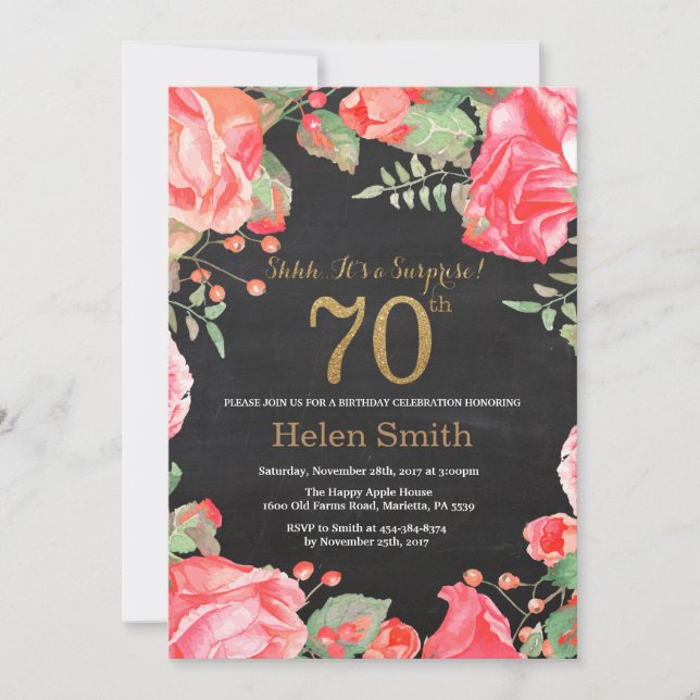 Invitation Red Floral Surprise 70e anniversaire Parties scint (Devant)