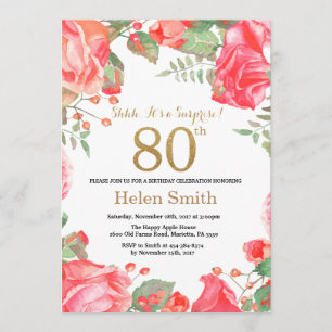 Invitation Red Floral Surprise 80e anniversaire Parties scint