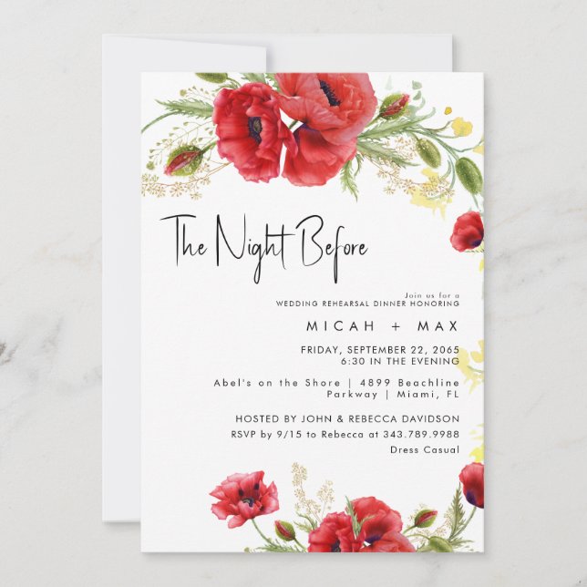 Invitation Red Floral The Night Before Rehearsal Dinner (Devant)