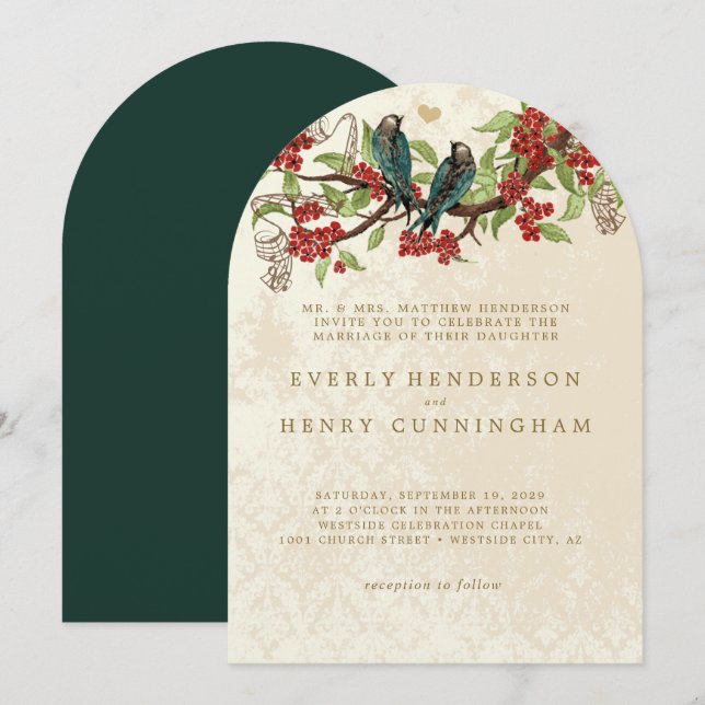 Invitation Red Flower Branch Vintage Birds Mariage (Devant / Derrière)