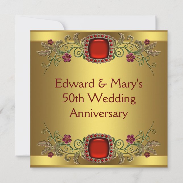 Invitation Red Flowers Gold 50e Mariage Anniversaire Party (Devant)