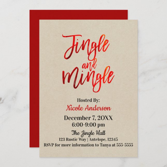 Invitation Red Foil Sleek Shine Modern Jingle & Mingle Party (Devant / Derrière)