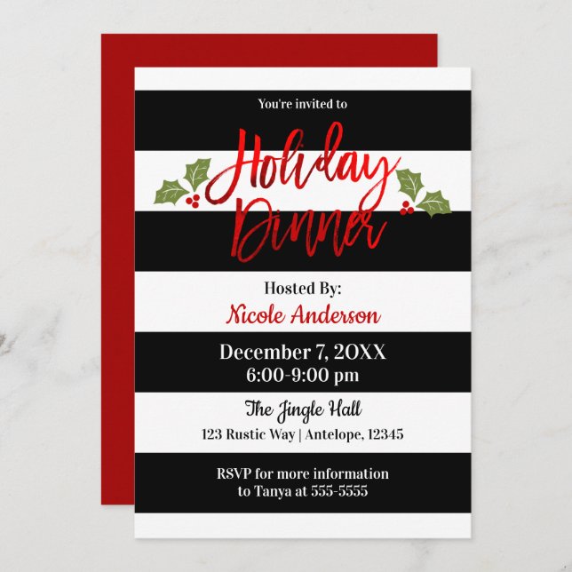 Invitation Red Foil Sleek Shirt Moderne Script Dîner de vacan (Devant / Derrière)