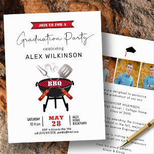 Invitation Red Fun Script 3 Photo Simple Graduation BBQ Party