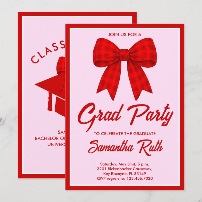 Invitation Red Gingham Bow Graduation Party (Devant / Derrière)