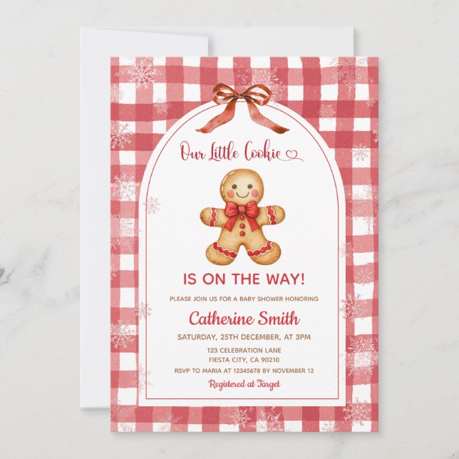 Invitation Red Gingham Gingerbread Christmas Baby Shower  (Devant)