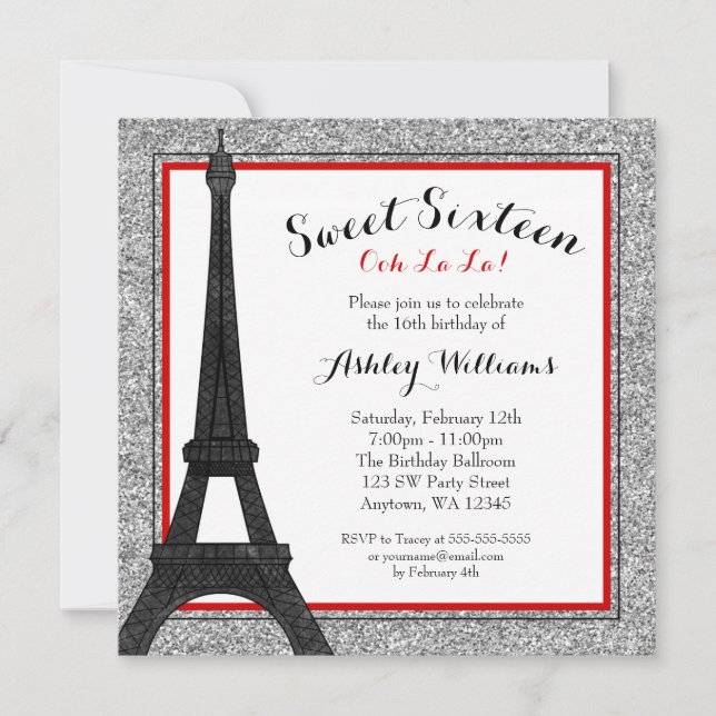 Invitation Red Glam Paris Theme Faux Parties scintillant Swee (Devant)
