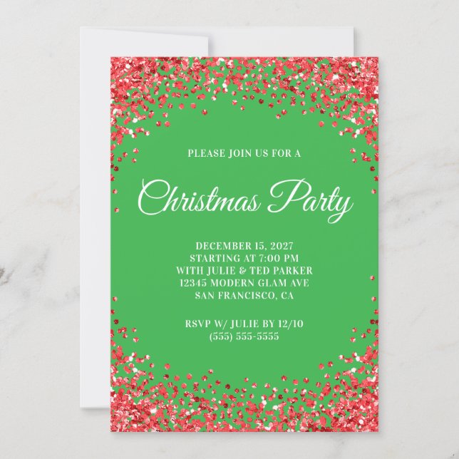 Invitation Red Glitter Border Green Christmas Party (Devant)