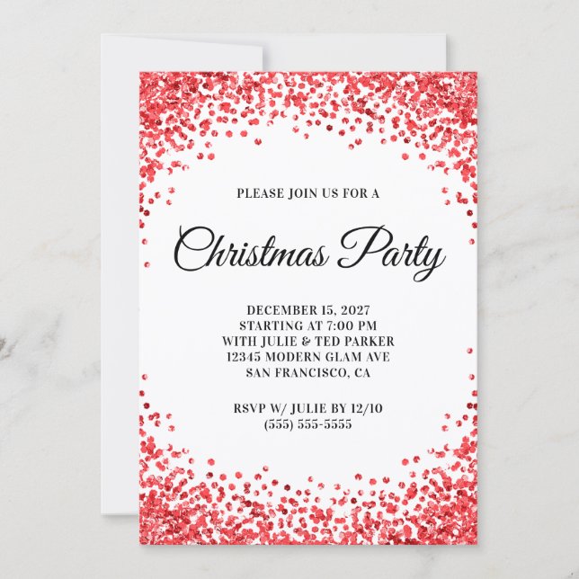 Invitation Red Glitter Border White Christmas Party (Devant)