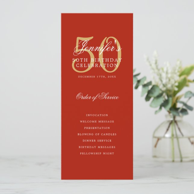 Invitation Red Gold 50th Birthday Party Program avec menu (Debout devant)