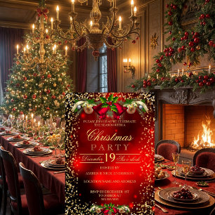 Invitation Red Gold Bells Holly Noël Fête de Noël