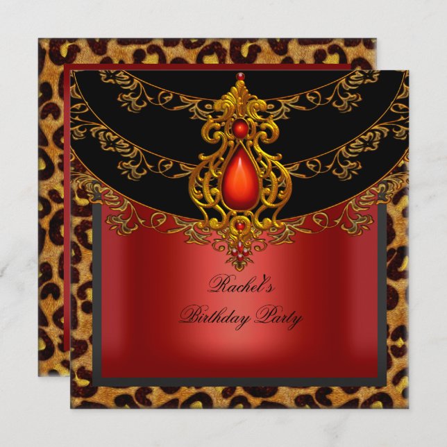 Invitation Red Gold Black fête d'anniversaire Leopard (Devant / Derrière)