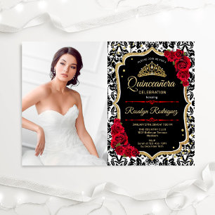 Invitation Red Gold Black Photo Quinceanera