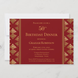Invitation Red Gold Damask Patterned 50th Birthday Dinner