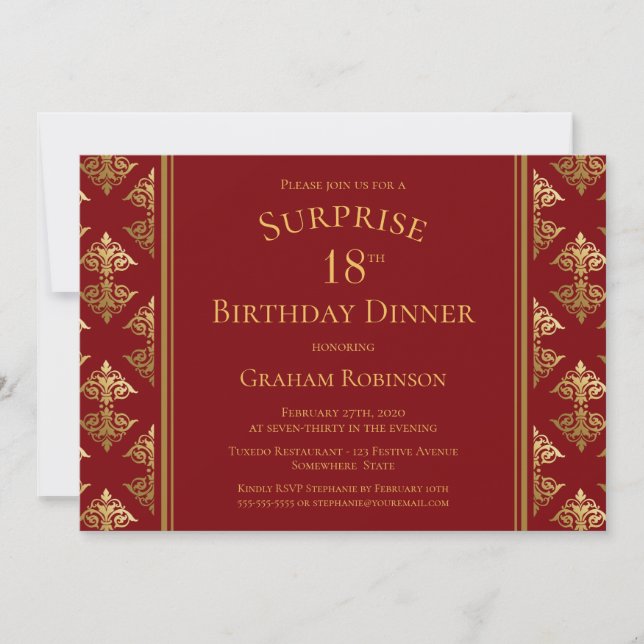 Invitation Red Gold Damask Surprise 18e anniversaire Dîner (Devant)