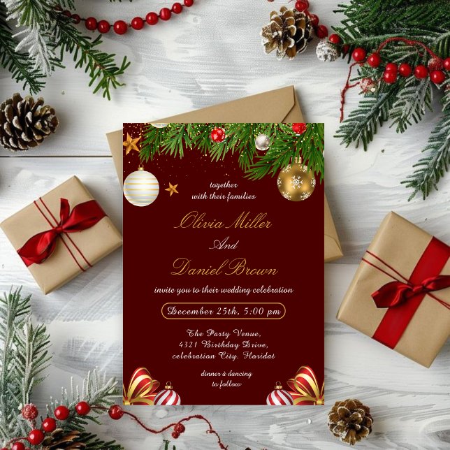 Invitation Red,Gold Elegant Christmas holiday winter Wedding (Créateur téléchargé)