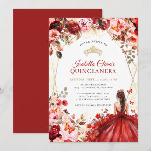 Invitation Red Gold Enchanted Floral Princess Quinceanera