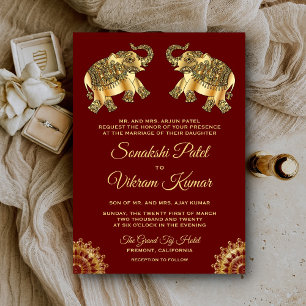 Invitation Red Gold Ethnic Elephants Indian Wedding Invitatio
