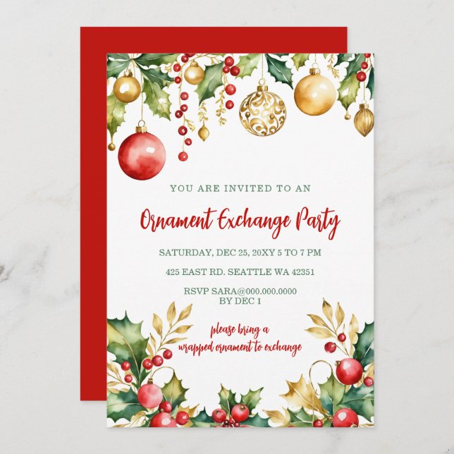 Invitation Red Gold Festive Ornament Exchange Christmas Party (Devant / Derrière)