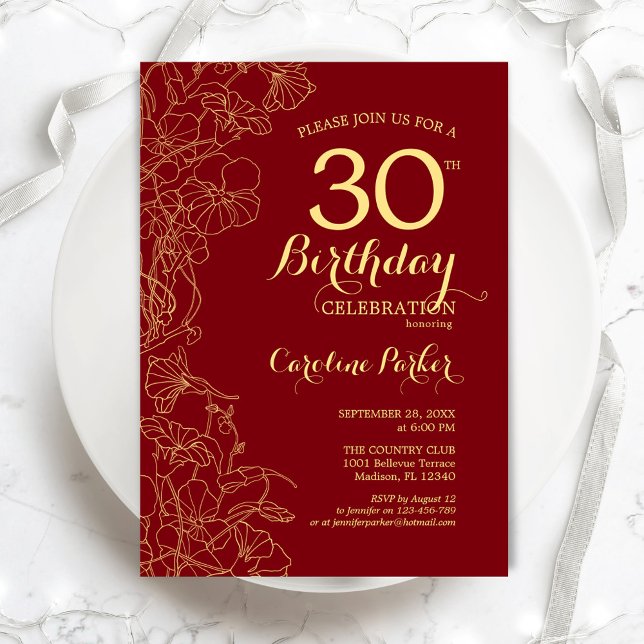 Invitation Red Gold Floral 30e fête d'anniversaire (Créateur téléchargé)